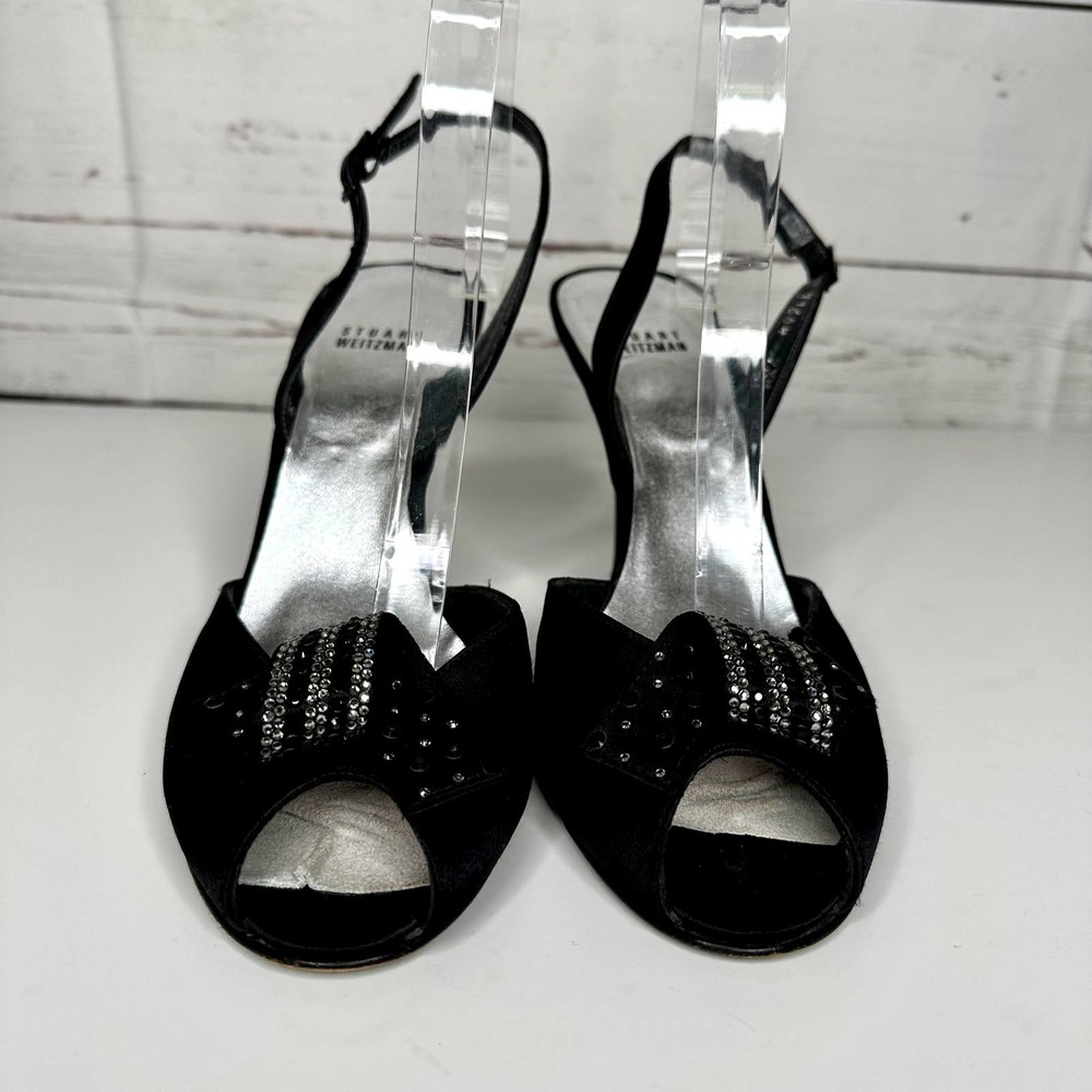 Stuart Weitzman Black Satin Heels with Rhinestone Front Detail Size 8